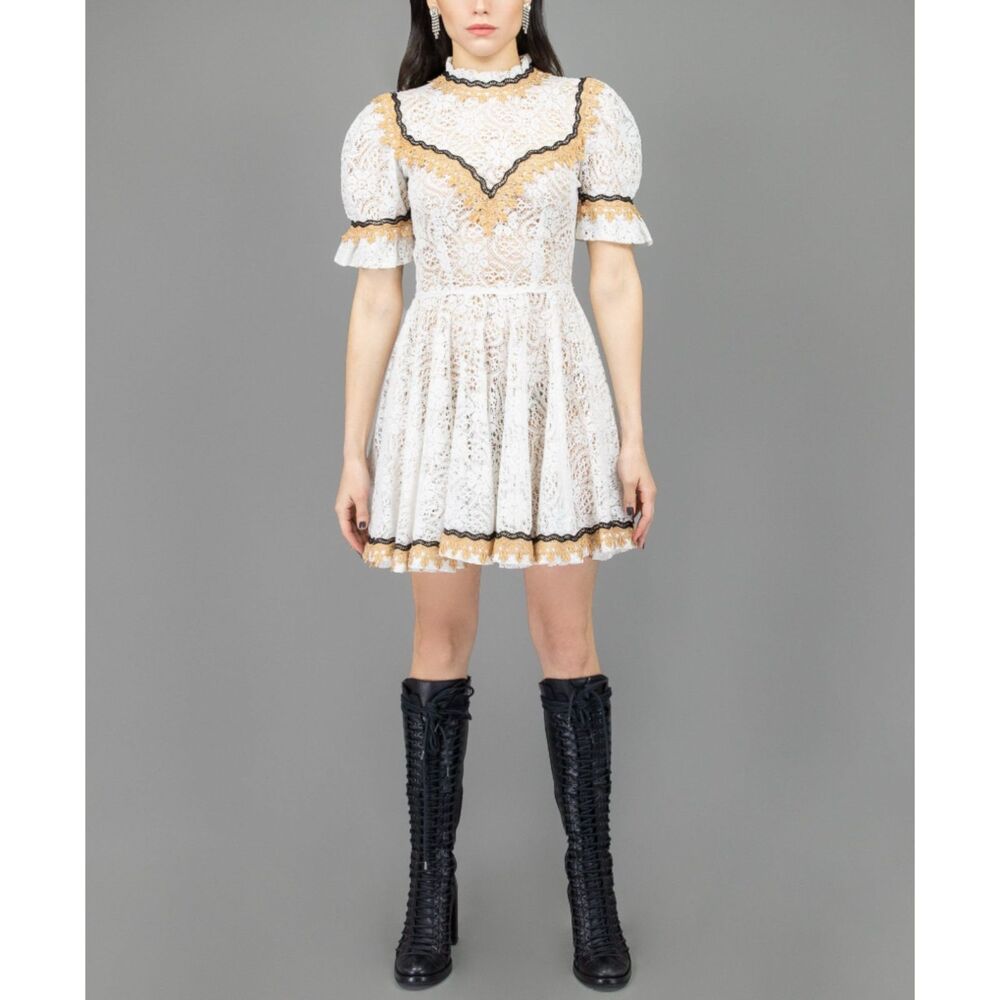 White Gold Lace Mini Dress Small Puff Sleeve Fit Flare Cottagecore Coquette Rare